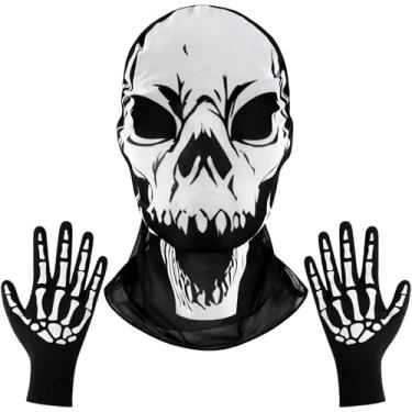 Imagem de Máscara de caveira branca para adultos e luvas de esqueleto, acessórios de fantasia para festas temáticas de baile de máscaras de Halloween, Caveira-b, G
