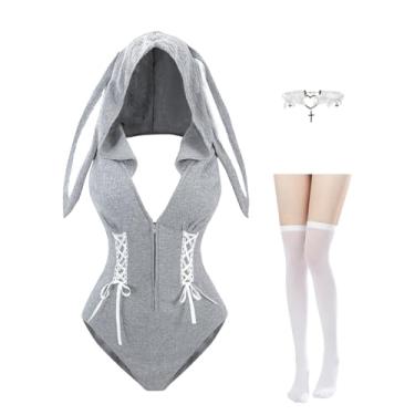 Imagem de NSPSTT Fantasia de coelho adulto, roupa de cosplay de coelho, lingerie cinza, body com meias, Cinza, GG