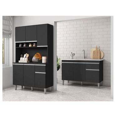 Imagem de Balcão De Pia Tatiane 120 Cm E Armário Cozinha Kit Márcia Ambiente Preto Fosco - Ajl