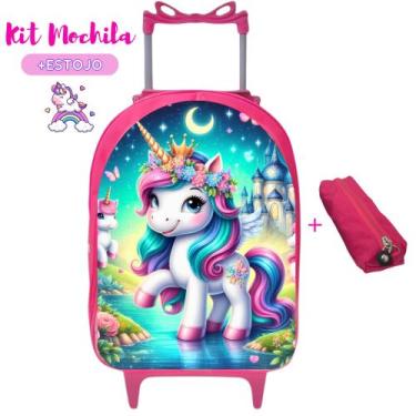Imagem de Kit Mochila Infantil Escolar Carrinho + Estojo Unicórnios Magic Prátic
