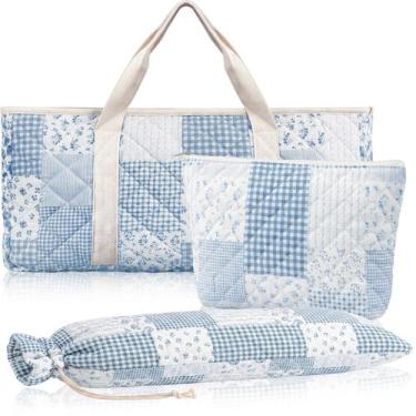Imagem de Conjunto de 3 Bolsas para Mahjong Shinylin - Azul Floral Acolchoado