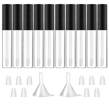 Imagem de GTHER Pacote com 10 recipientes plásticos para brilho labial vazios de 10 ml, frascos de bálsamo labial transparentes recarregáveis com inserções de borracha e funil de transferência para amostras de lábios recipiente de viagem (preto fosco + transparente)