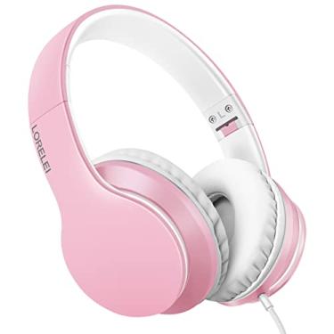 Imagem de LORELEI X6 Fones de ouvido circum-auricular com microfone, leve, dobrável e portátil, baixo estéreo, fones de ouvido com 1,45 m, sem embaraço, com fio para smartphone tablet MP3/4 (rosa perolado)