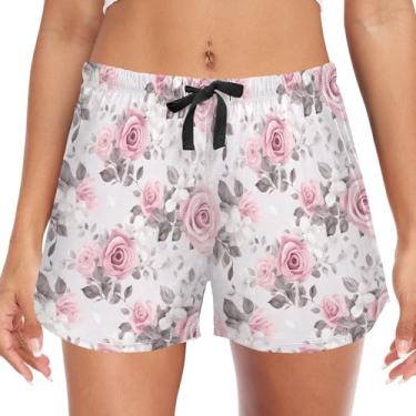 Imagem de CHIFIGNO Short de pijama feminino, calça de pijama feminina, com cordão, confortável, calça de pijama com bolsos, P-2GG, rosas rosas e folhas cinzas, M
