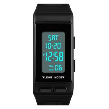 Imagem de Relógio masculino digital esportivo, preto, retangular, à prova d'água, com tela de LED, mostrador grande, militar, luminoso, cronômetro, alarme, exército, ao ar livre, Preto, Esportes