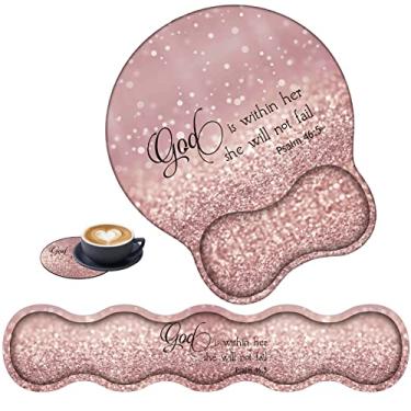 Imagem de Mouse pad com descanso de pulso e teclado almofada de descanso de pulso + conjunto de porta-copos, mouse pad ergonômico de espuma de memória, antiderrapante, fácil digitação e alívio da dor, citações