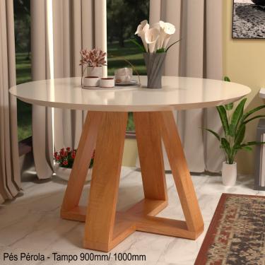 Imagem de Mesa Redonda Jantar 4 Lugares Tampo Mdf C/ Vidro Off White