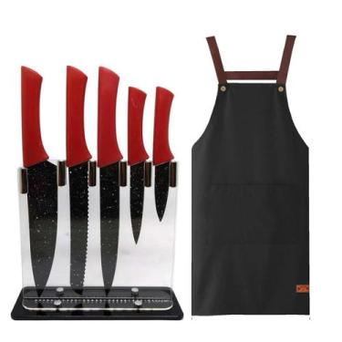 Imagem de Conjunto de Facas inox 6 peças com Suporte em acrílico + Avental Imper