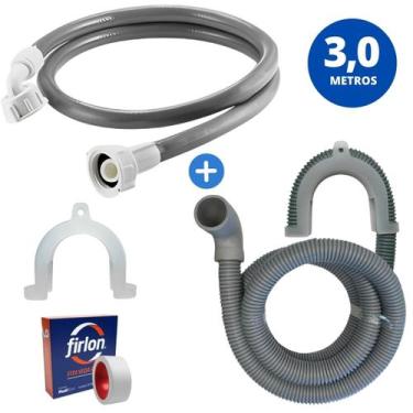 Imagem de Mangueira Entrada + Saída Água Máquina De Lavar Universal 3m Cinza + C