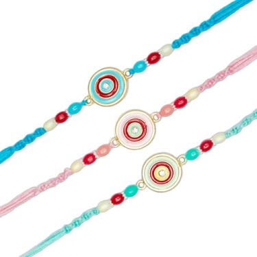 Imagem de Conjunto de 3 Rakhi para irmão olho turco Bhaidooj Tikka Rakhi fio para Bhai Bhabhi veera conjunto de pulseira Dora Kalwa com pacote de presente para irmão irmã indiano tradicional decoração festival