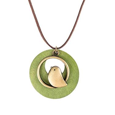 Imagem de Boho Pingente de madeira vintage feito à mão com berloques fofos colar longo de couro verde exército corrente suéter para meninas mulheres colar longo estilo presente moda, Aço inoxidável, n/c