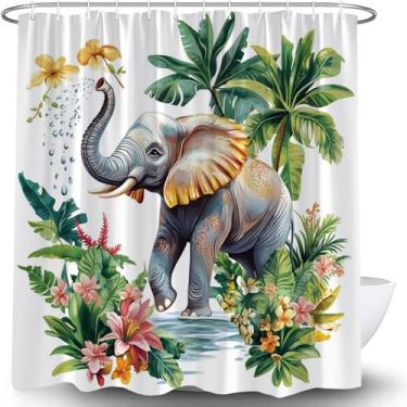 Imagem de Cortina de chuveiro elefante folhas tropicais folhas de palmeira verde rosa amarelo tropical floral engraçado elefante brincando água animal selvagem fofo tecido branco cortina de banheiro decoração