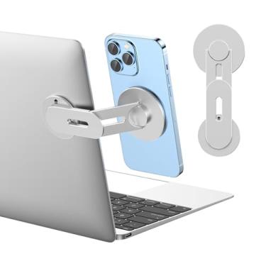 Imagem de MAGDIGITEH Suporte magnético para laptop MagSafe para iPhone 17/16/15/14/13/12 e todos os telefones, suporte lateral ajustável de 180° para monitor de computador para Tesla, suporte de celular de mesa