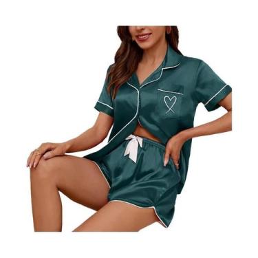 Imagem de Pijamas Femininos Bordados com Coração - Conjunto Manga Curta e Shorts