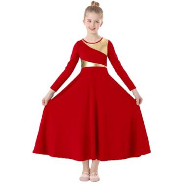 Imagem de TLMNU Vestido de dança para meninas louvor ouro metálico adoração litúrgica igreja robe comprimento total swing fantasia lírica, 005 etiqueta vermelha brilhante 130,7-8 anos