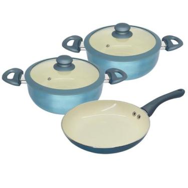 Imagem de Jogo De Panelas e Frigideira Cerâmica Antiaderente Indução Tampa Silic