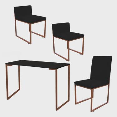 Imagem de Kit Mesa Escrivaninha com Cadeira Stan e 2 Poltronas Lee Tampo Preto Ferro Bronze Corino Preto - Ahz Móveis