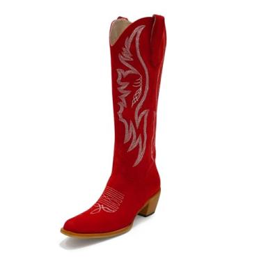 Imagem de GORBINETI Botas femininas de caubói rosa, cano médio, botas de cowgirl, azul-celeste, botas de camurça, bordadas, bico amêndoa, salto grosso, botas, Vermelho brilhante, 38