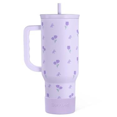 Imagem de Copo floral de 1,134 g com alça e canudo – Caneca de café de viagem de aço inoxidável com isolamento tulipa para mulheres e meninas, ideia de presente floral para aniversário, Natal, Dia das Mães