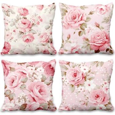 Imagem de Vie Savaran 4 peças/conjunto de capas de almofada florais, rosa rosa, folhas verdes, vintage, aquarela, plantas desabrochando, romântico, dia dos namorados, capas de almofada para decoração de quarto,