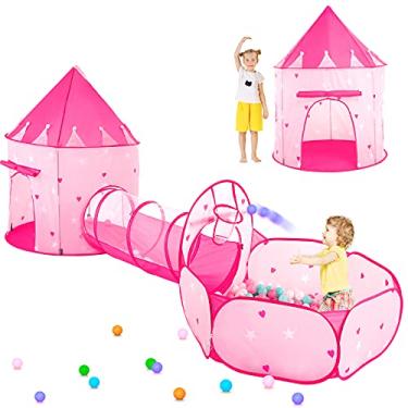 Imagem de Wilwolfer Castelo de Princesa, Barraca de Brinquedo para Crianças e Meninas, Túnel e Piscina de Bola e Cesta de Basquete, Brinquedos para Meninas ao Ar Livre (Barraca e Túnel de Estrelas Rosa 3 em 1)