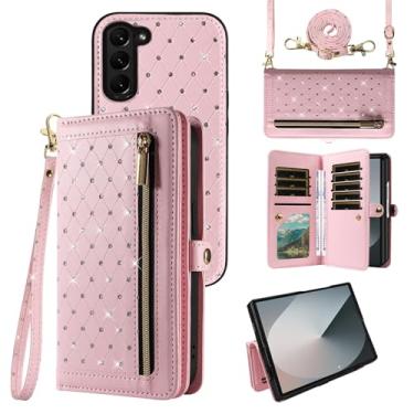 Imagem de Capa de celular para Samsung Galaxy Z Fold 6 5G 2024 com zíper carteira magnética destacável com alça de cordão transversal Bling Glitter Flip compartimentos para cartão de crédito ZFold6 Z6 G Fold6