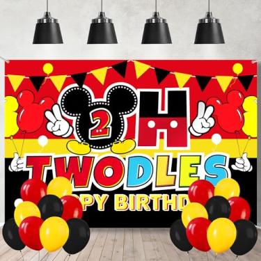 Imagem de Decorações de festa de aniversário de 2 anos de desenho animado – faixa de fundo de 1,5 x 7,8 m com 18 balões pretos vermelhos e amarelos, lindos adereços de foto com tema de mouse para decoração de