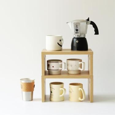 Imagem de XAOHOME Prateleira organizadora de armário, conjunto de 2 prateleiras de balcão de cozinha, armazenamento de cozinha, suporte de especiarias, empilhável, expansível, placa ecológica de madeira maciça