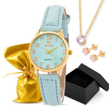 Imagem de Kit Relógio Eura Couro Dourado Colar e Brinco com Caixa Presenteavel, 