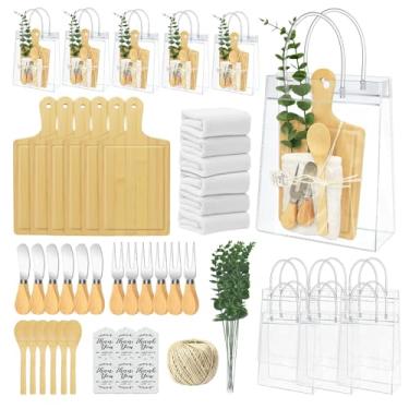 Imagem de AZEAM Prêmios de chá de bebê para vencedores de jogos, prêmios de chá de panela com 6 conjuntos quadrados de tábua de queijo, colher, garfo, faca de manteiga, cartão de toalha, ramo de saco de