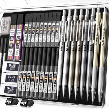 Imagem de Conjunto de lápis mecânicos Nicpro 37 unidades com grafite e borracha + estojo