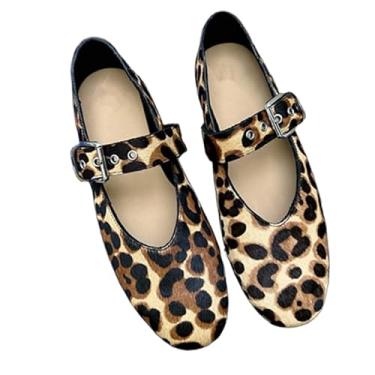 Imagem de French Retro One Strap Mary Jane Sapatos mocassins feitos à mão de couro genuíno minimalista preguiçoso elegante sapatos rasos femininos, Leopardo, 38