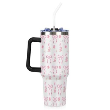 Imagem de Garrafa de água de 1,134 g com canudo, copo de aço inoxidável com laço de flores com alça, copos térmicos para bebidas frias e quentes, copo refrigerador reutilizável, presente para adolescentes