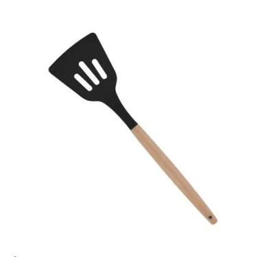 Imagem de Espátula Vazada em Silicone com Cabo em Madeira Preto 32,5cm - Talberg