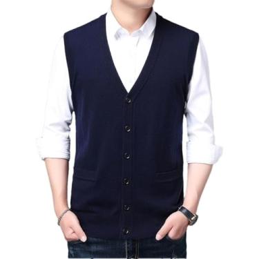 Imagem de Colete De Lã Masculino Primavera Outono Camisola Sem Mangas Sólida Casual Com Decote Em V Colete De Malha Com Bolsos, Navy Blue, L