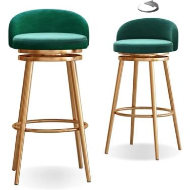Imagem de Conjunto De 2 Bancos De Bar Cadeiras De Bar Giratórias De 360° Com Assento Estofado Macio, Pernas De Metal Cargas De Bar Até 200kg, Green, Gold