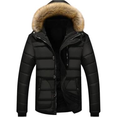 Imagem de Casacos De Pele Masculina Com Capuz Parka Down Jaqueta Térmica à Prova De Vento Forrada De Lã Quente Casaco Acolchoado De Inverno, Black, 4XL