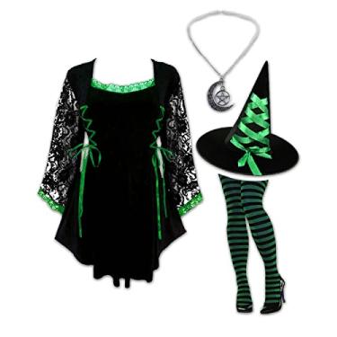 Imagem de Fantasia de Encantador Dare to Wear: Chapéu de Bruxa de Veludo, Pingente de Pentagrama, Calças Listradas e Topo de Espartilho Gótico Feminino, Anastasia Top, Emerald, 1x