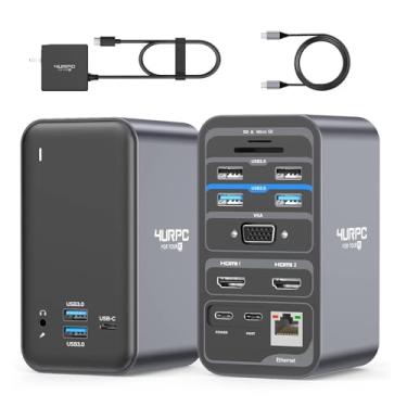 Imagem de Estação de ancoragem USB C, monitor duplo, base HDMI USB C, base para laptop com 2 entradas HDMI, VGA, adaptador de alimentação de 65 W, 6 USB, Ethernet, SD/TF, áudio/microfone para Windows e ChromeOS