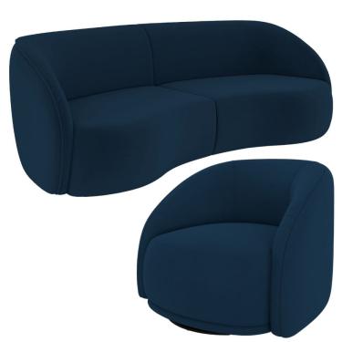 Imagem de Kit Sofá 4 Lugares Eron 240cm Com Poltrona Giratória Angelina M03 Veludo Azul Marinho - Lyam Decor