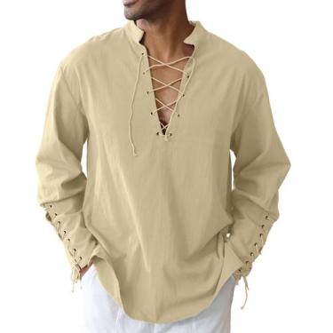 Imagem de Camisa CTU masculina de algodão, linho, cordão, faixa de braço, cáqui