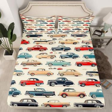 Imagem de Jogo de cama solteiro de carros vintage dos anos 80 retrô esportivo para decoração de quarto de veículos de transporte, moderno, bege, com 1 fronha, sem lençol de cima