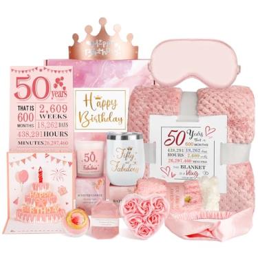 Imagem de Juesly Presentes de aniversário de 50 anos para mulheres, pacote de cuidados, presentes para mulheres de 50 anos, kit de spa relaxante de 50 anos com cobertor de copo pôster para sua mãe, esposa
