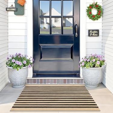 Imagem de OLANLY Tapete listrado marrom e preto 61 x 91 cm – Capacho de algodão lavável para uso interno e externo, tapete de varanda frontal em camadas para entrada, cozinha, pátio