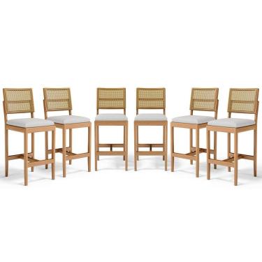 Imagem de Kit Com 6 Banqueta Milena Madeira Maciça Assento Estofado Encosto De Tela Palha Sextavada