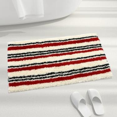 Imagem de Tapete de banheiro listrado vermelho antiderrapante, tapete de banho de microfibra absorvente fofo lavável, tapete de banheiro fofo para pia, banheira e chuveiro, 61 cm x 40 cm