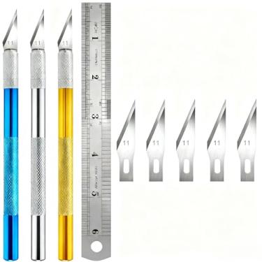 Imagem de 3 facas artesanais para hobby com 5 lâminas sobressalentes para artesanato, 1 régua de aço de 15 cm, álbum de recortes