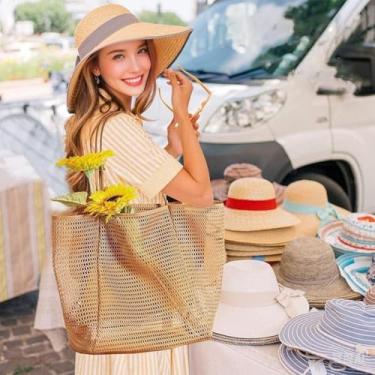 Imagem de Bolsa de praia de malha, sacola de palha de tecido com bolso interno, sacolas de compras de supermercado, para férias de piquenique na praia e compras, Marrom, Medium, Bolsas de praia, sacolas de