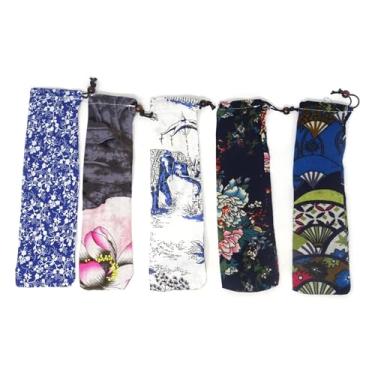 Imagem de 5 peças de talheres estilo chinês bolsa de transporte com cordão portátil garfo colher saco de armazenamento bolsa de pano para escova de limpeza de talheres