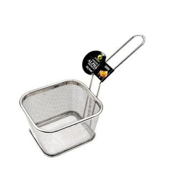 Imagem de Cesto Peneira para Fritura Gordura em Aço Inox, Design em Malha Aramada, Cabo Longo, para Cozinha Doméstica e Profissional Bares Restaurantes Lanchonetes Fritar Servir